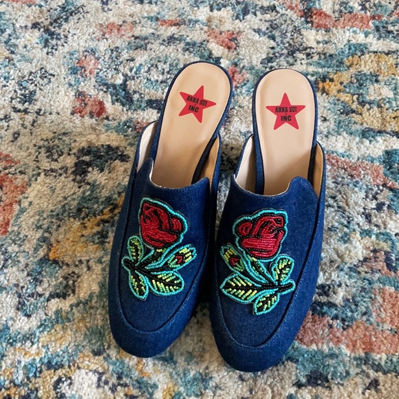 Anna Sui x INC International Concepts Floral Beaded Denim Jean Maddiee Mule Heel - Picture 2 of 8